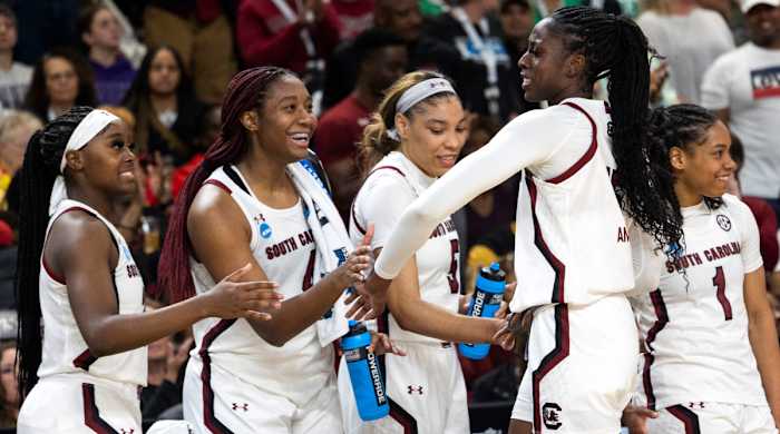 South Carolina’s Laeticia Amihere celebrates with her teammates in the closing moments against UCLA in the Sweet 16 of the NCAA women’s tournament.